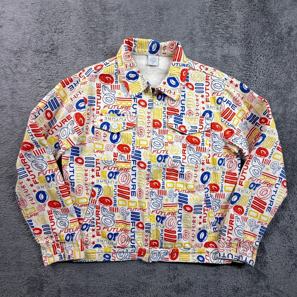 Odd Future Denim Zip Up Jacket Mens L White All Over Donut Print Excellent Slim